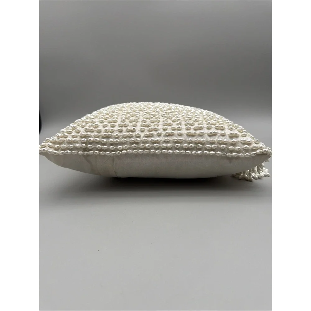 Ivory Pearl Beaded Accent Pillows 2 Fringe 11x11 Glam Hollywood Regency Decor *
